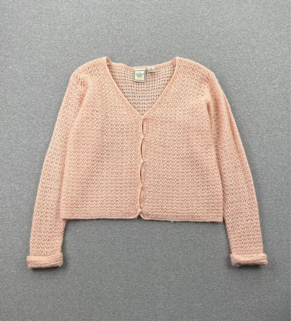 Vintage Y2K Crochet Cardigan Sweater M Light Pink Wool Blend Coquette Dainty